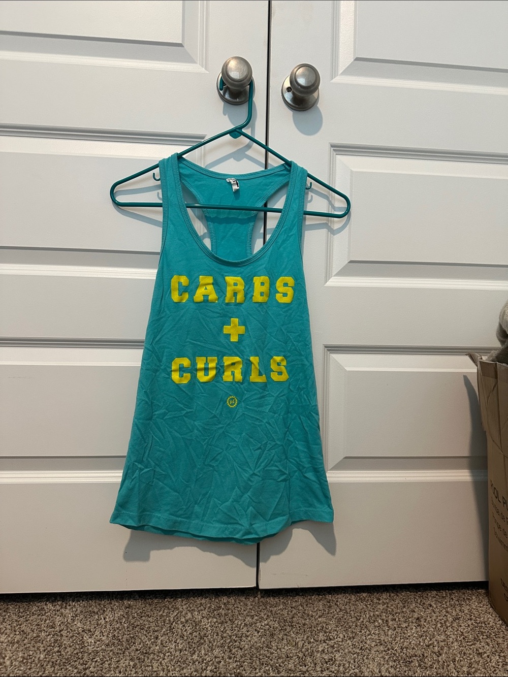 Teal Swim Coverup Tank with Yellow 'Carbs + Curls' Graphic
